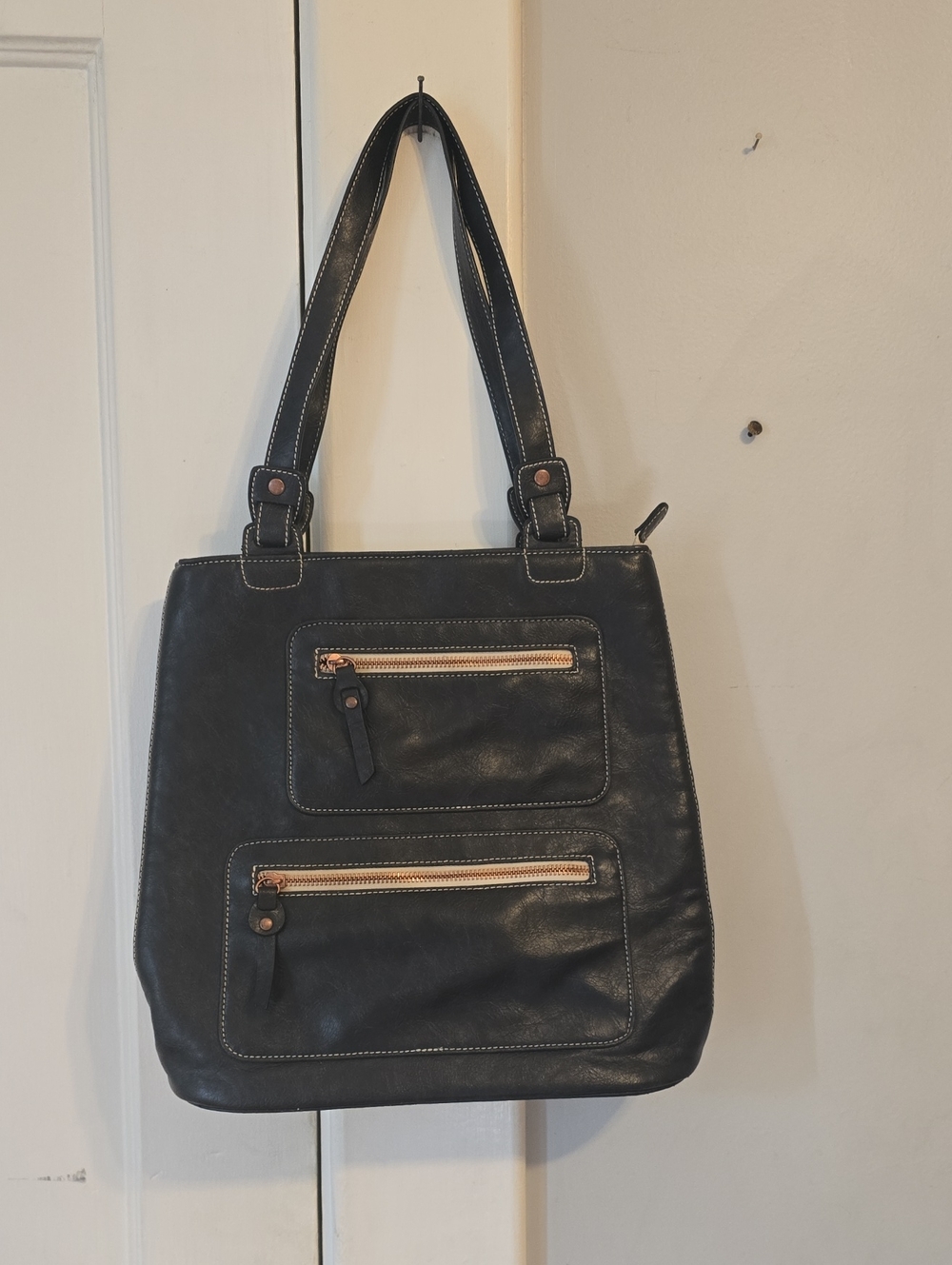 Barney's New York Classic Black Leather Tote Bag with Exterior Zip Pockets